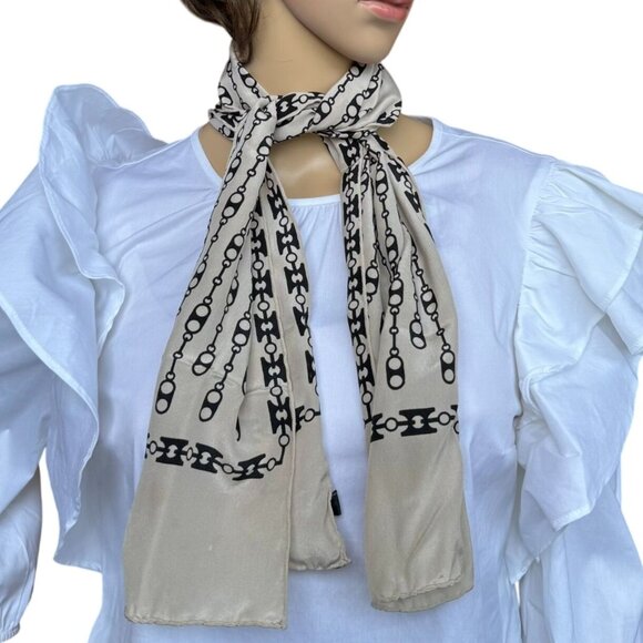 Vintage La Belle Creole Paris Silk Scarf Beige Black Chain Print 42inx10in Glam - Picture 1 of 11